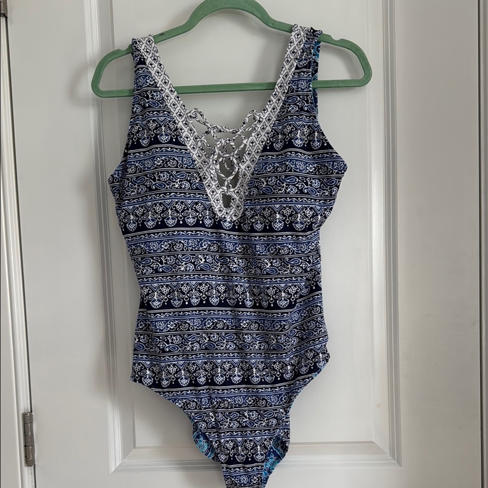 Blue And White Patterned Reversable Swimsuit By T… - image 1